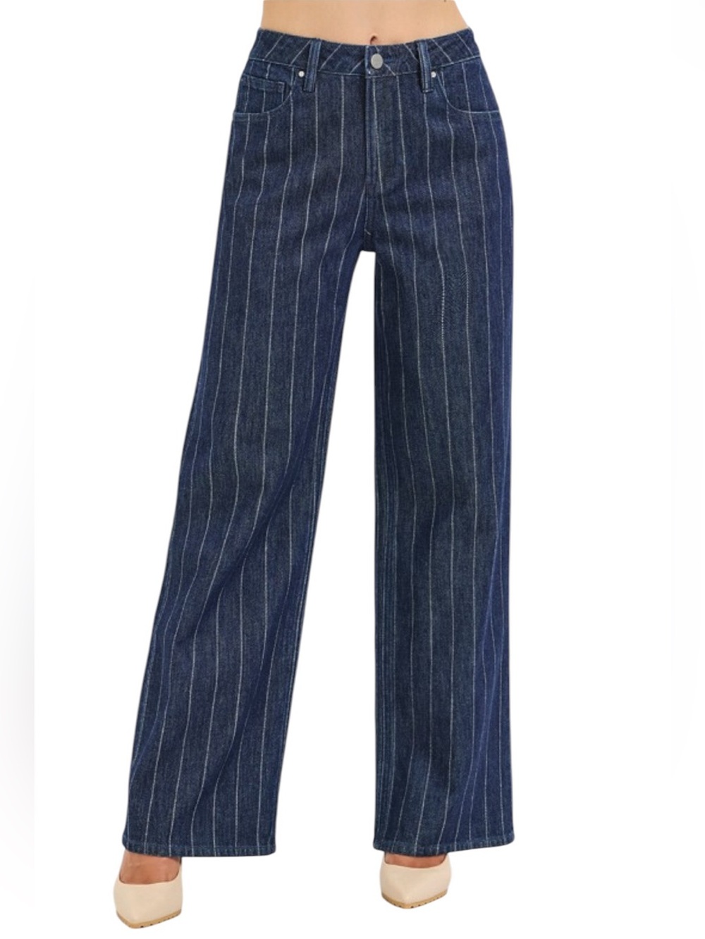 RISEN Wide Leg Pinstripe Denim Pants - Navy